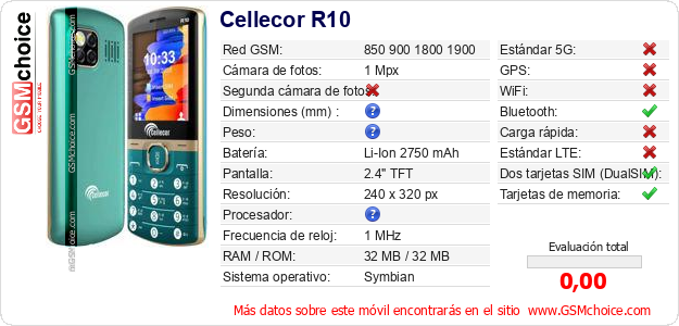 Cellecor R10 Datos técnicos del móvil Cellecor R10 Datos técnicos del móvil