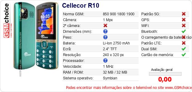Cellecor R10 Especificações técnicas do telemóvel Cellecor R10 Especificações técnicas do telemóvel