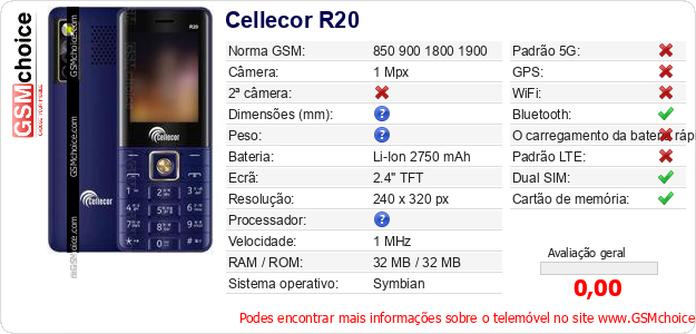 Cellecor R20 Especificações técnicas do telemóvel Cellecor R20 Especificações técnicas do telemóvel