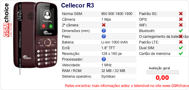 Cellecor R3 Especificações técnicas do telemóvel Cellecor R3 Especificações técnicas do telemóvel