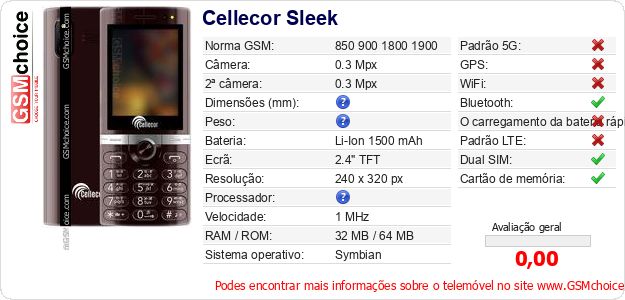 Cellecor Sleek Especificações técnicas do telemóvel 