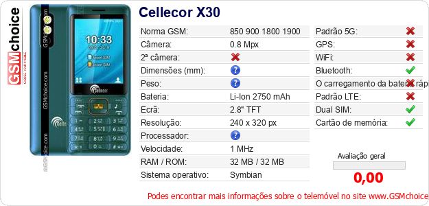 Cellecor X30 Especificações técnicas do telemóvel Cellecor X30 Especificações técnicas do telemóvel