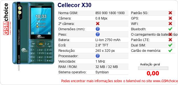 Cellecor X30 Especificações técnicas do telemóvel Cellecor X30 Especificações técnicas do telemóvel