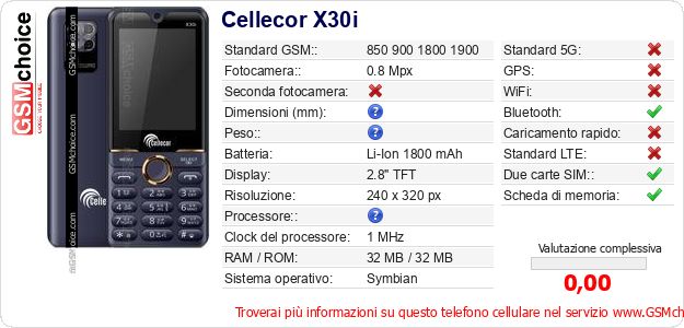 Cellecor X30i Dati tecnici di telefono cellulare Cellecor X30i Dati tecnici di telefono cellulare