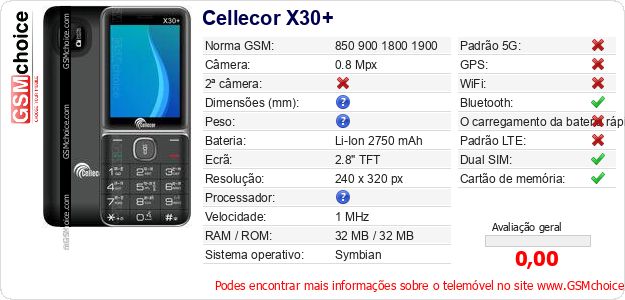 Cellecor X30+ Especificações técnicas do telemóvel Cellecor X30+ Especificações técnicas do telemóvel