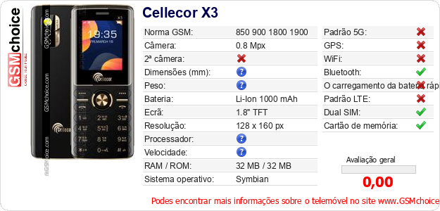 Cellecor X3 Especificações técnicas do telemóvel Cellecor X3 Especificações técnicas do telemóvel