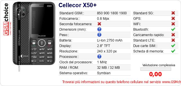 Cellecor X50+ Dati tecnici di telefono cellulare Cellecor X50+ Dati tecnici di telefono cellulare