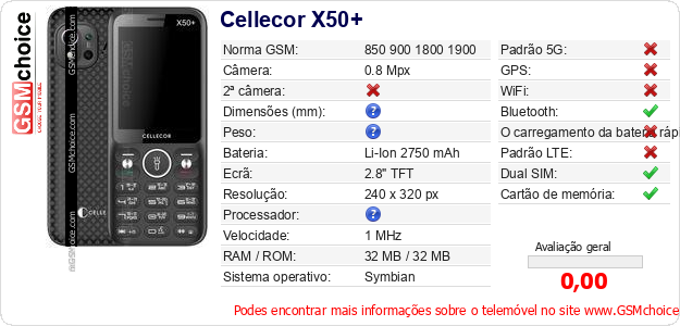 Cellecor X50+ Especificações técnicas do telemóvel Cellecor X50+ Especificações técnicas do telemóvel