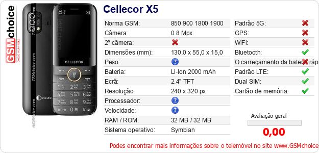 Cellecor X5 Especificações técnicas do telemóvel Cellecor X5 Especificações técnicas do telemóvel