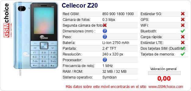 Cellecor Z20 Datos técnicos del móvil Cellecor Z20 Datos técnicos del móvil