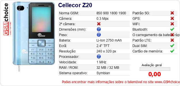 Cellecor Z20 Especificações técnicas do telemóvel Cellecor Z20 Especificações técnicas do telemóvel