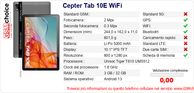 Cepter Tab 10E WiFi Dati tecnici di telefono cellulare 