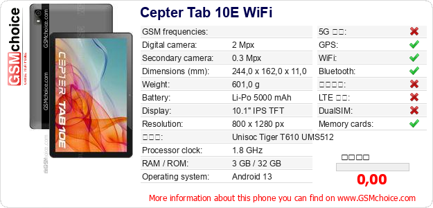 Cepter Tab 10E WiFi 手機技術數據