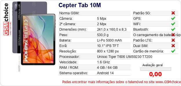 Cepter Tab 10M Especificações técnicas do telemóvel Cepter Tab 10M Especificações técnicas do telemóvel