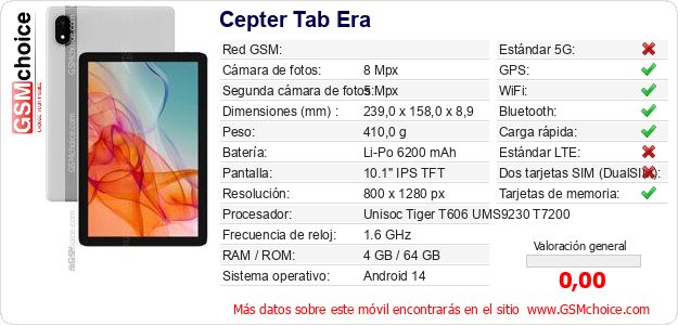 Cepter Tab Era Datos técnicos del móvil Cepter Tab Era Datos técnicos del móvil