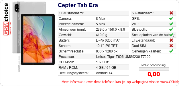 Cepter Tab Era Technische gegevens 