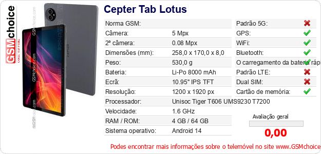 Cepter Tab Lotus Especificações técnicas do telemóvel Cepter Tab Lotus Especificações técnicas do telemóvel