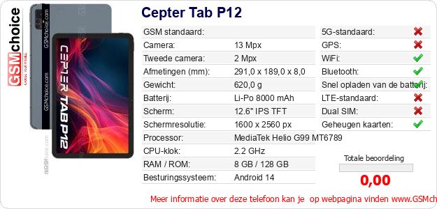 Cepter Tab P12 Technische gegevens Cepter Tab P12 Technische gegevens