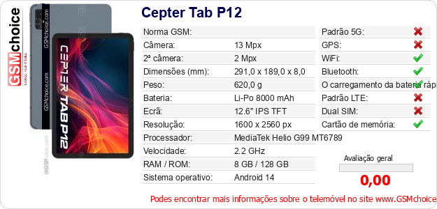 Cepter Tab P12 Especificações técnicas do telemóvel 