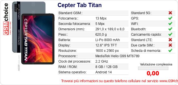 Cepter Tab Titan Dati tecnici di telefono cellulare Cepter Tab Titan Dati tecnici di telefono cellulare