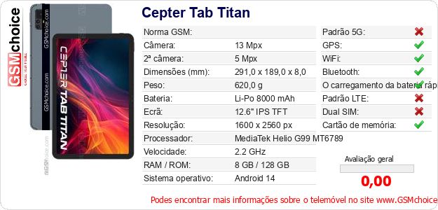 Cepter Tab Titan Especificações técnicas do telemóvel Cepter Tab Titan Especificações técnicas do telemóvel