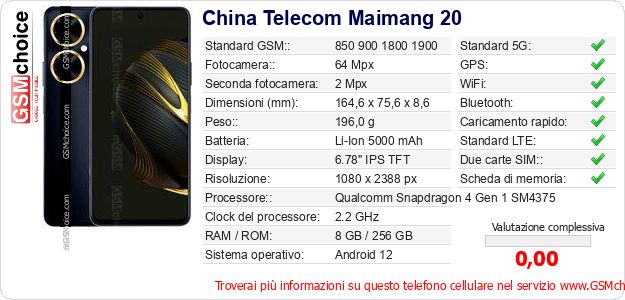 China Telecom Maimang 20 Dati tecnici di telefono cellulare China Telecom Maimang 20 Dati tecnici di telefono cellulare