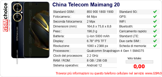 China Telecom Maimang 20 Dati tecnici di telefono cellulare 