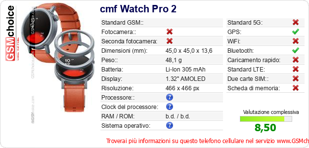 cmf Watch Pro 2 Dati tecnici di telefono cellulare cmf Watch Pro 2 Dati tecnici di telefono cellulare