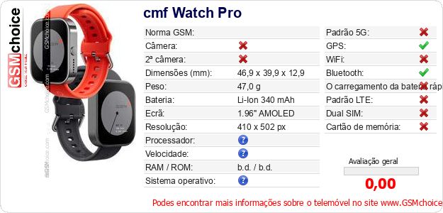 cmf Watch Pro Especificações técnicas do telemóvel cmf Watch Pro Especificações técnicas do telemóvel