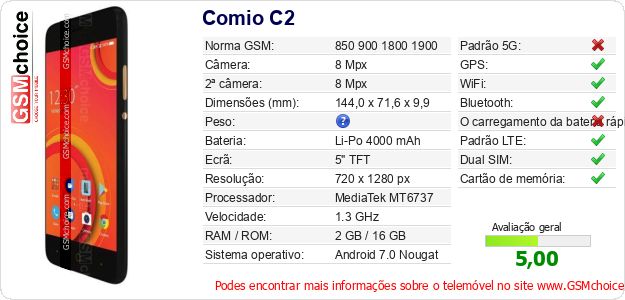 Comio C2 Especificações técnicas do telemóvel 
