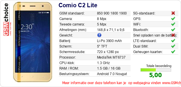 Comio C2 Lite Technische gegevens 