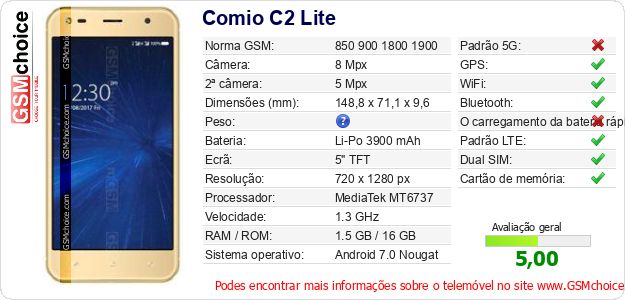 Comio C2 Lite Especificações técnicas do telemóvel Comio C2 Lite Especificações técnicas do telemóvel