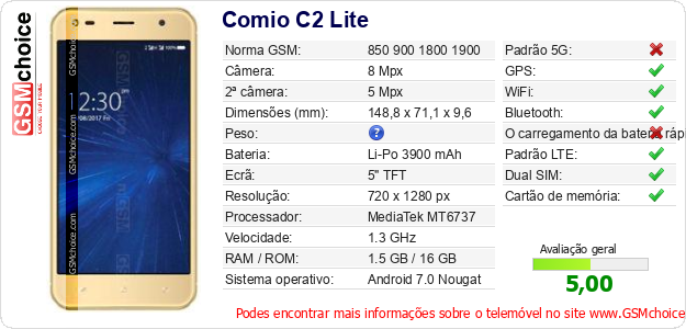 Comio C2 Lite Especificações técnicas do telemóvel 