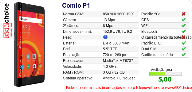 Comio P1 Especificações técnicas do telemóvel Comio P1 Especificações técnicas do telemóvel