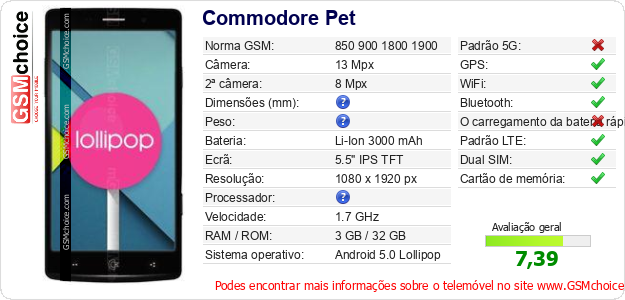 Commodore Pet Especificações técnicas do telemóvel Commodore Pet Especificações técnicas do telemóvel