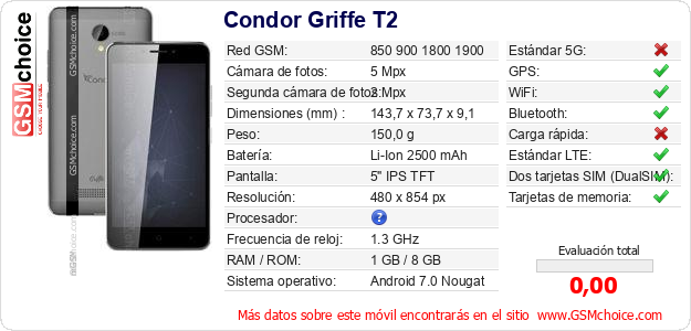 Condor Griffe T2 Datos técnicos del móvil 