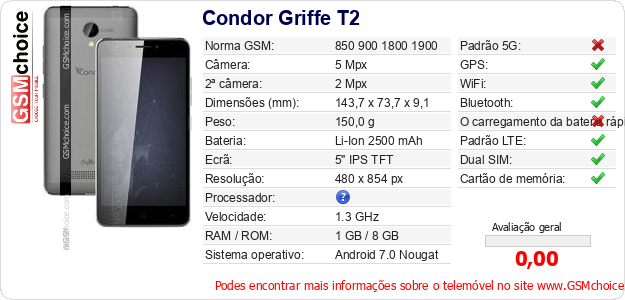 Condor Griffe T2 Especificações técnicas do telemóvel 