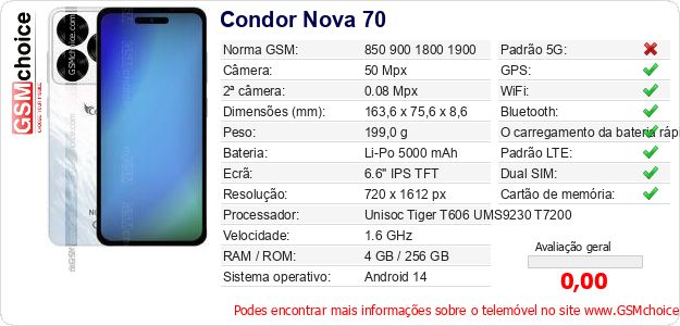 Condor Nova 70 Especificações técnicas do telemóvel Condor Nova 70 Especificações técnicas do telemóvel
