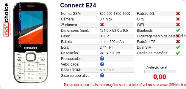 Connect E24 Especificações técnicas do telemóvel 