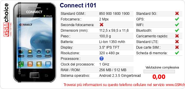 Connect i101 Dati tecnici di telefono cellulare Connect i101 Dati tecnici di telefono cellulare