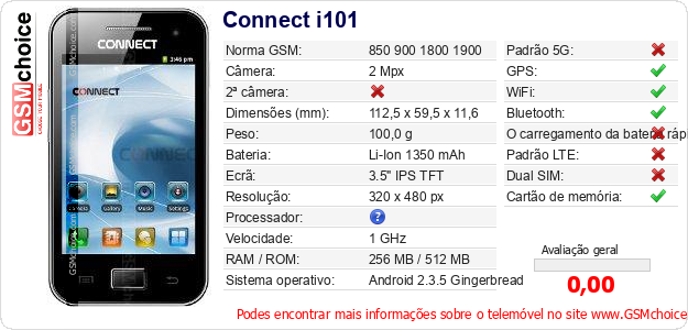 Connect i101 Especificações técnicas do telemóvel 