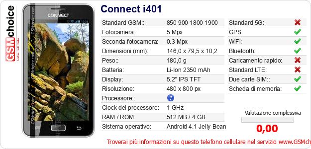 Connect i401 Dati tecnici di telefono cellulare 