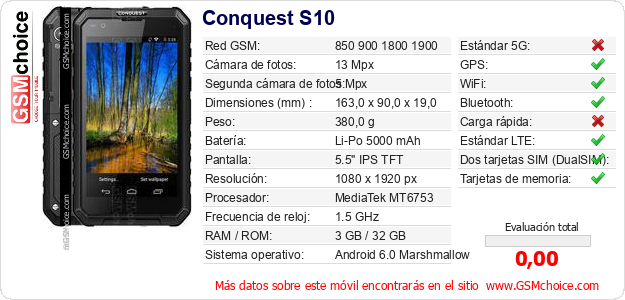 Conquest S10 Datos técnicos del móvil 