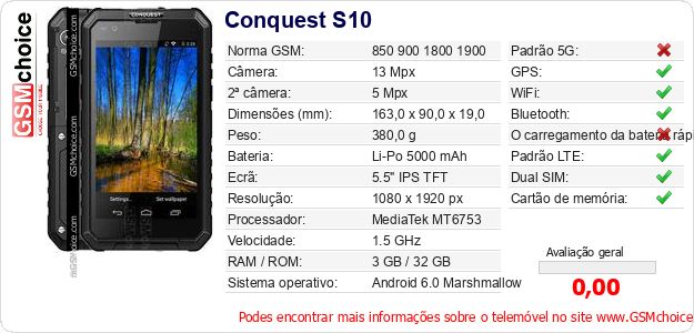 Conquest S10 Especificações técnicas do telemóvel Conquest S10 Especificações técnicas do telemóvel