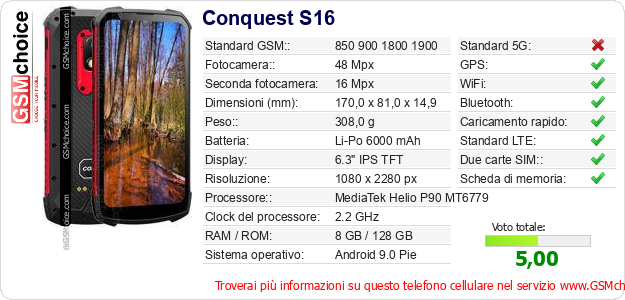 Conquest S16 Dati tecnici di telefono cellulare 