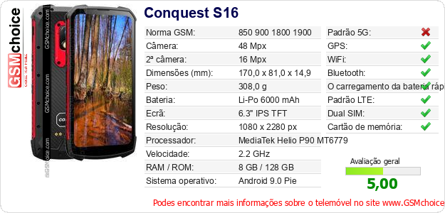 Conquest S16 Especificações técnicas do telemóvel 