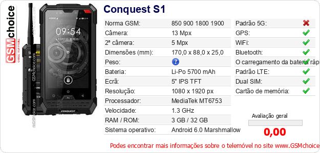 Conquest S1 Especificações técnicas do telemóvel Conquest S1 Especificações técnicas do telemóvel