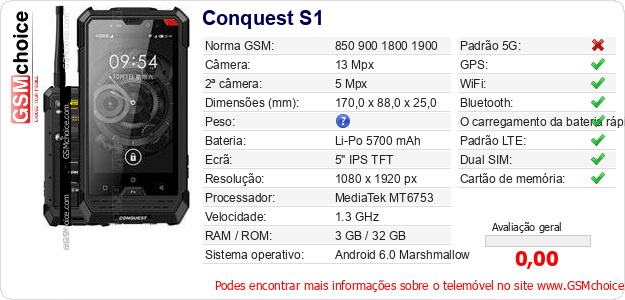 Conquest S1 Especificações técnicas do telemóvel Conquest S1 Especificações técnicas do telemóvel