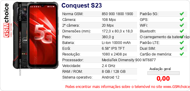 Conquest S23 Especificações técnicas do telemóvel 