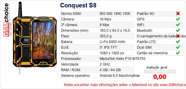 Conquest S8 Especificações técnicas do telemóvel Conquest S8 Especificações técnicas do telemóvel